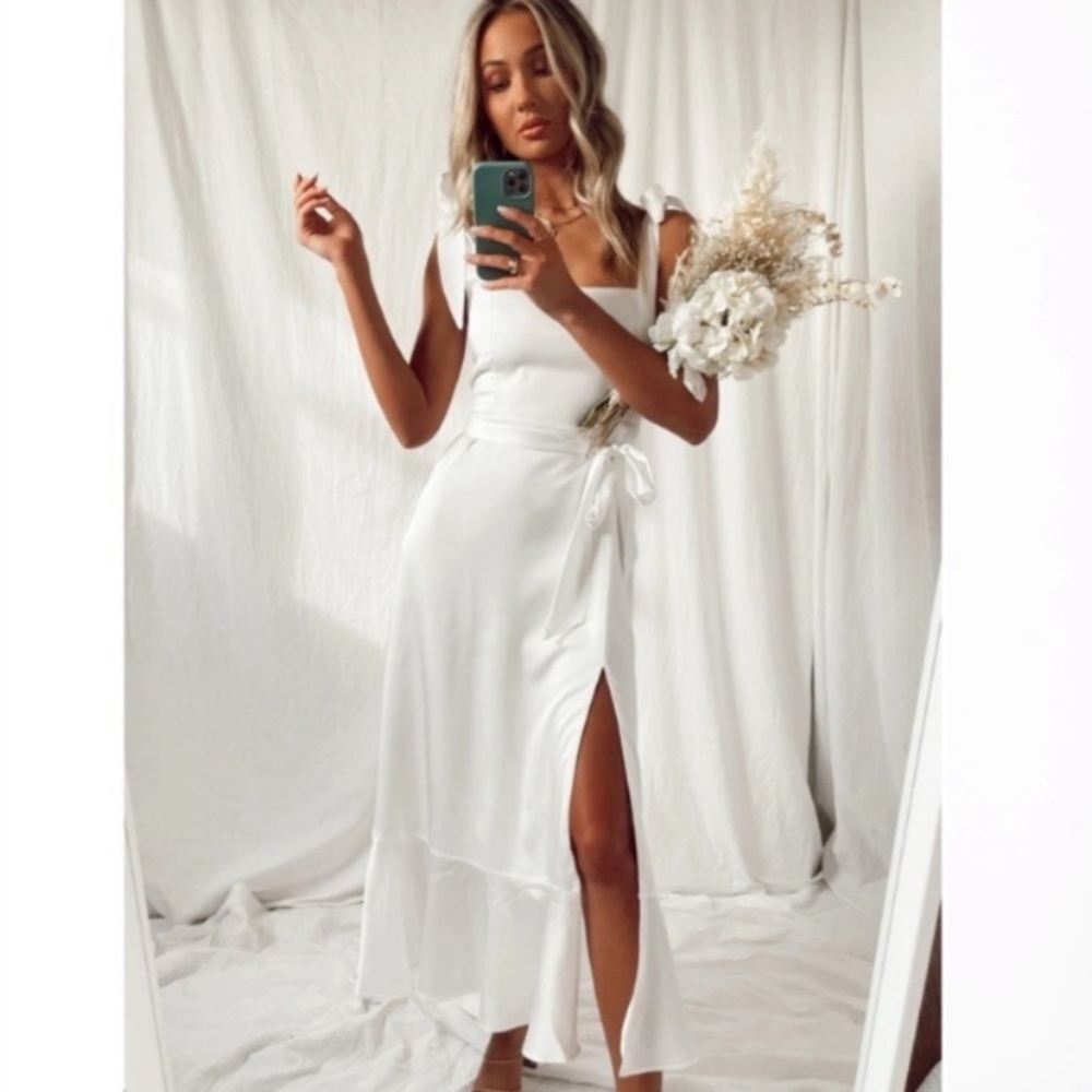 Show Me Your Mumu Garden Midi Dress Ivory Luxe Satin Small